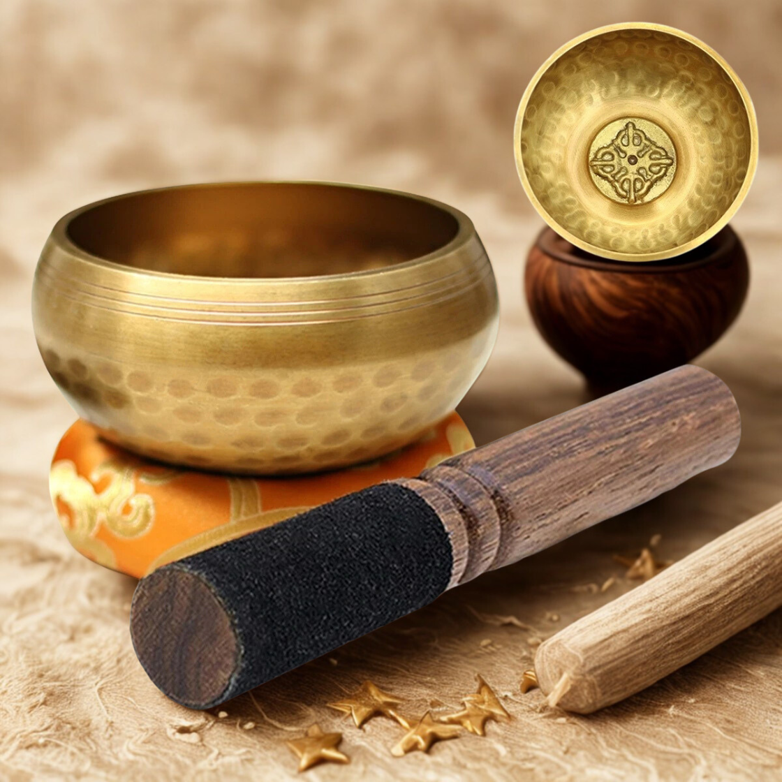 Bol chantant tibétain couleur orange, fait main, pour méditation et relaxation énergétique