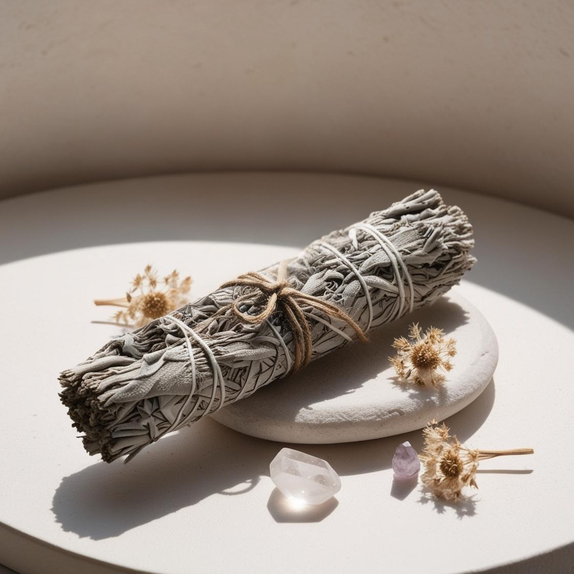 Bâton de sauge blanche naturelle qui brûle, avec fumée fine, posé sur un fond clair avec quelques cristaux – rituel de purification énergétique