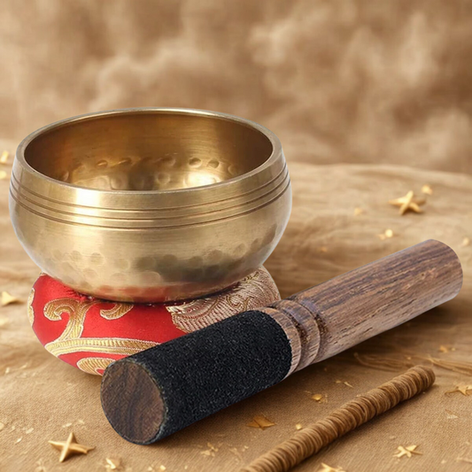 Bol chantant tibétain artisanal 3,3 pouces posé sur coussin en soie, ambiance spirituelle et méditative